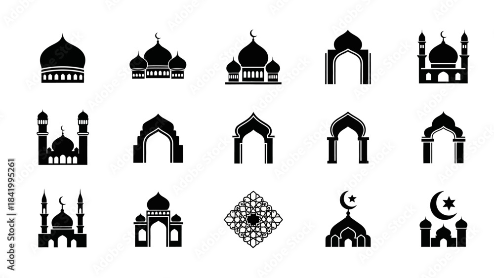custom made wallpaper toronto digitalIslamic architecture icons set in black and white style for design elements