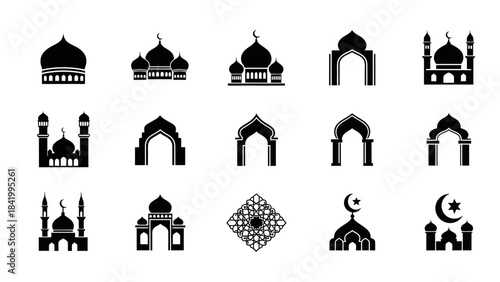 Islamic architecture icons set in black and white style for design elements