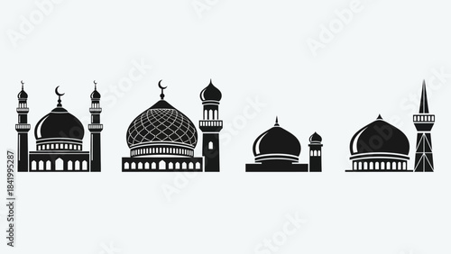 Islamic architecture silhouettes domes and minarets in monochrome vector style