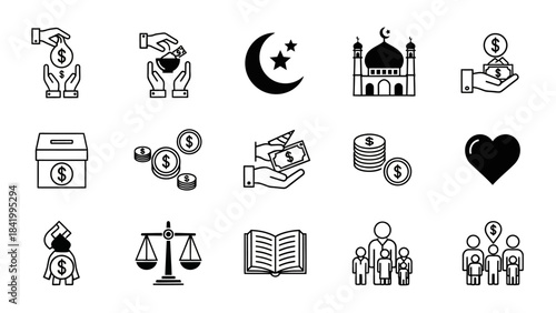 Islamic charity icons set illustrating faith giving and community support