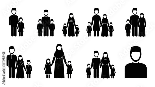 Family icons in black and white representing relationships and diversity