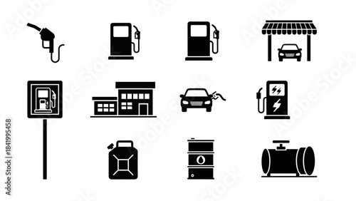 Gas station icons set fuel pumps car building canister and barrel