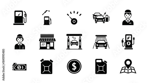 Gas station icons illustrating fuel pumps cars and service elements