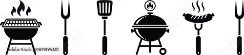 Barbecue icons set, grilling tools illustration, BBQ equipment silhouette, summer cookout graphics, kitchen utensils, outdoor cooking symbols for design