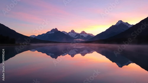 Wallpaper Mural Serene Mountain Lake Dawn Misty Peaks Reflect in Calm Waters. Torontodigital.ca