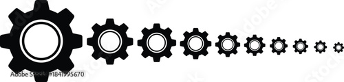Black gear icons, decreasing size, technology concept, industrial automation, mechanical progression, isolated on white background illustration, for modern engineering design