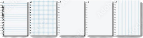 Collection of spiral notebook pages, showing lined grid blank and ruled paper layouts, isolated for stationery design education printing use