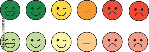 Colorful emoji face icons showing various emotions, including happy, neutral, and sad expressions, ideal for feedback, rating, moods, and communication graphics
