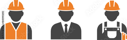 Construction workers icons, engineer silhouettes, industrial labor team illustration, safety helmet people design, professional workforce graphic, occupation symbols set