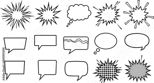 Comic speech bubbles set, explosion shapes, dialogue balloons, pop art elements, retro comic effects, outline icons, cartoon conversation frames