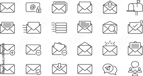 Email, envelope, icons, set, outline, mail, message, communication, inbox, notification, vector, line, design, ui, ux, web, interface, contact, digital, illustration