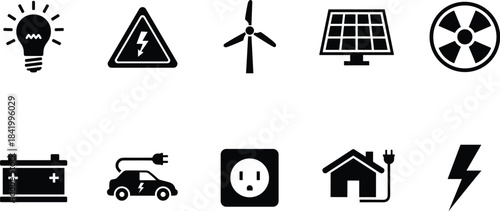 Energy icons set featuring solar, wind, electric car, battery, power plug, light bulb, nuclear, electricity symbols for sustainability and technology