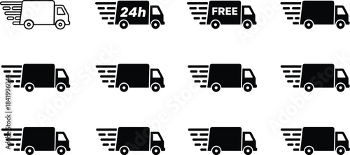 Fast delivery truck icons, shipping symbols set, express transportation graphic, courier service design, logistic speed icon pack for business