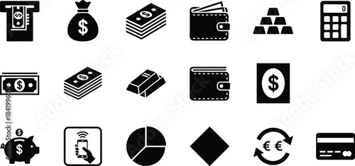 Financial icons set featuring money, wallet, banking, payment, savings, investment, currency exchange, mobile finance, gold, calculator, business analytics symbols 