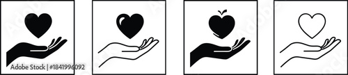 Hand holding heart icons, charity and care symbols, love support graphic, donation concept illustration, giving hand design for kindness themes