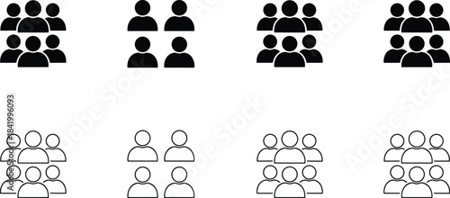 Group icons illustrating teamwork, community, collaboration, diverse people symbols, social connection graphics, organizational groups, unity concept, human figures in simple design.