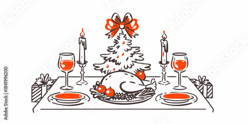 Festive christmas dinner setting with a decorated tree and candlelight