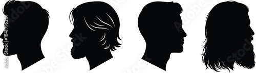 Male silhouette profile collection, diverse hairstyles and beards, black vector faces set, minimalist design, human head side view illustration