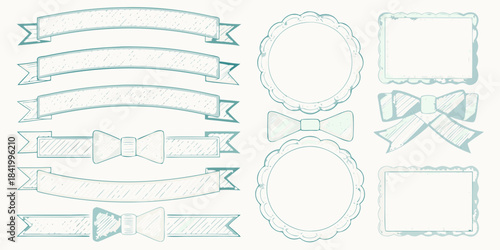 Collection of decorative ribbons frames and bows in light blue sketch style
