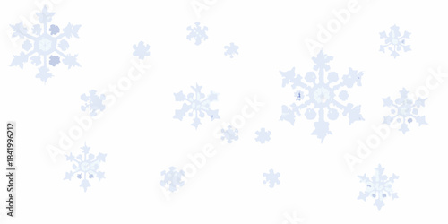 Delicate light blue snowflakes gently falling against a clean white backdrop