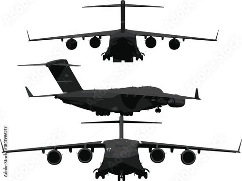 Military cargo aircraft silhouette illustration, showing front side top views, aviation transport jet vector isolated detailed black design blueprint style