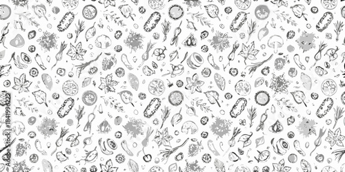 Detailed monochrome pattern showcasing various botanical and microbiological shapes