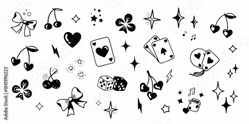A playful collection of whimsical doodles featuring cherries hearts and lucky charms