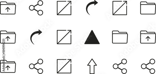 Minimalist interface icons, upload symbols, share buttons, rotation arrows, expansion icons, folder graphics, digital UI elements, modern vector illustration 