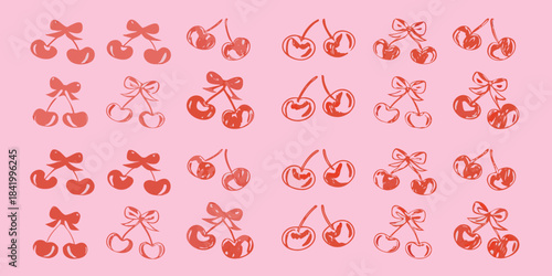 A playful pattern of hand drawn cherries and bows on a pink background