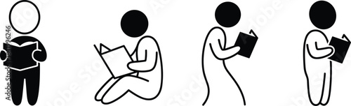 Minimalist reading person icons, modern educational figure illustrations, simple book-reading poses for learning, study, literacy, classroom, library, teaching, learning material use
