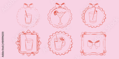 Sketch illustrations of various beverages within decorative frame designs