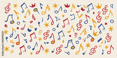 Colorful musical notes stars and clefs create a whimsical background pattern