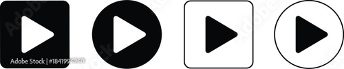 Minimalist play button icons set featuring solid and outlined styles, modern multimedia interface symbols for UI design, digital controls, and media applications