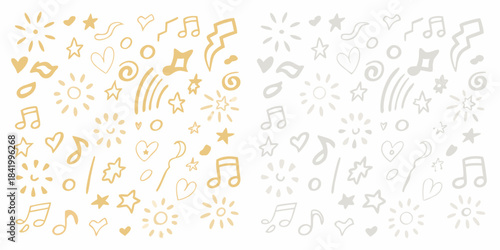 Delicate pastel doodles of musical notes stars hearts and swirls on white background