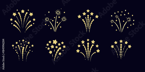 Golden firework bursts and sparkles on a dark background celebratory design
