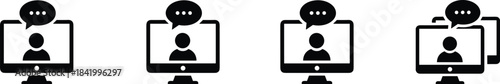 Online communication icons showing virtual chat on computer screens, representing digital conversation, video calls, remote communication, and modern online interaction concepts for technology use.