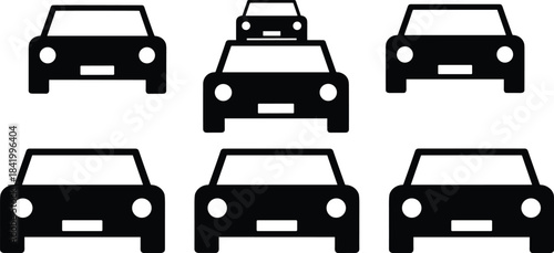 Silhouette car icons arranged in grid, transportation symbols for traffic design, automotive illustration elements, vehicle pictogram set for graphic projects