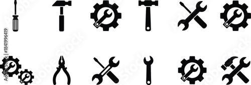 Tool icons set, repair symbols, maintenance equipment silhouettes, mechanical gear tools, vector illustration toolkit, industrial service icons collection for design projects