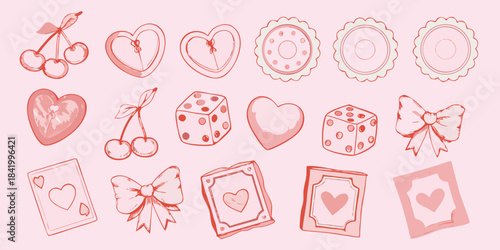 A collection of hand drawn pink sketches featuring hearts cherries and playful objects