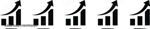 Upward growth bar chart icons representing increasing business performance, financial success, positive analytics, economic progress, rising metrics, and successful market trends
