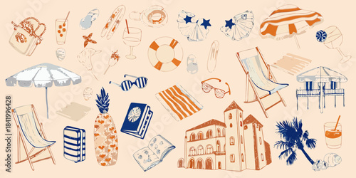 A collection of hand drawn summer themed illustrations in blue and orange tones