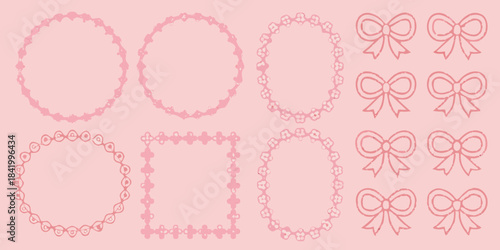Delicate pink frames bows and floral designs on a soft pink background