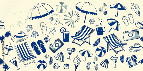 A delightful summer pattern featuring beach essentials in blue sketches