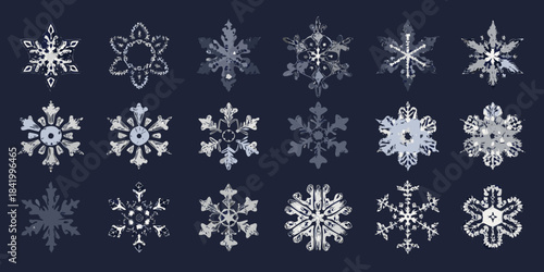 An assortment of detailed snowflake illustrations in varying shapes and sizes