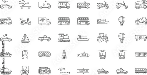 Vector transportation icons set featuring cars, trucks, buses, trains, boats, aircraft, and emergency vehicles in blue outline style for graphic design