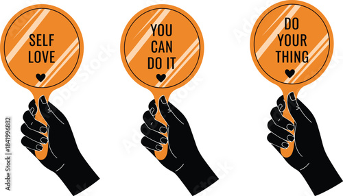 Motivational mirror quotes with hand holding mirror illustration, self love encouragement design, inspirational positive message artwork for mental health and confidence
