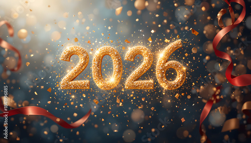 Golden Glow New Year 2026 Poster with Bright Light Effects and Sparkling Particles – Elegant Premium Celebration Background