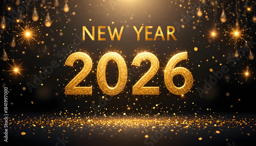 Luxury Black Marble Happy New Year 2026 Poster with Elegant Gold Border Frame and Premium Calligraphy for Stylish Celebration Greetings