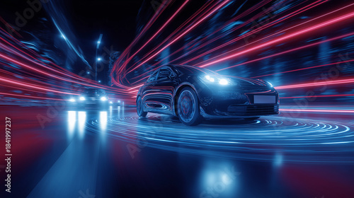 Autonomous car in a neon-soaked city