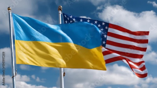 Ukraine and USA flags fly side by side against a bright cloudy blue sky backdrop